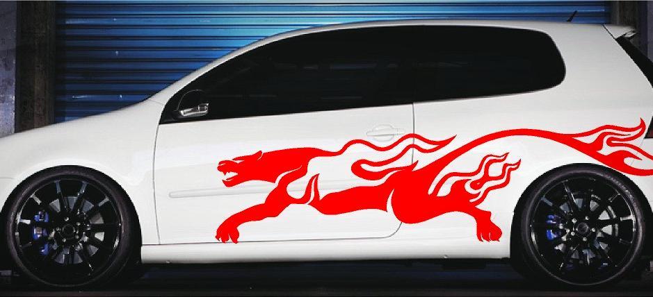 red puma flames vinyl graphics on white car